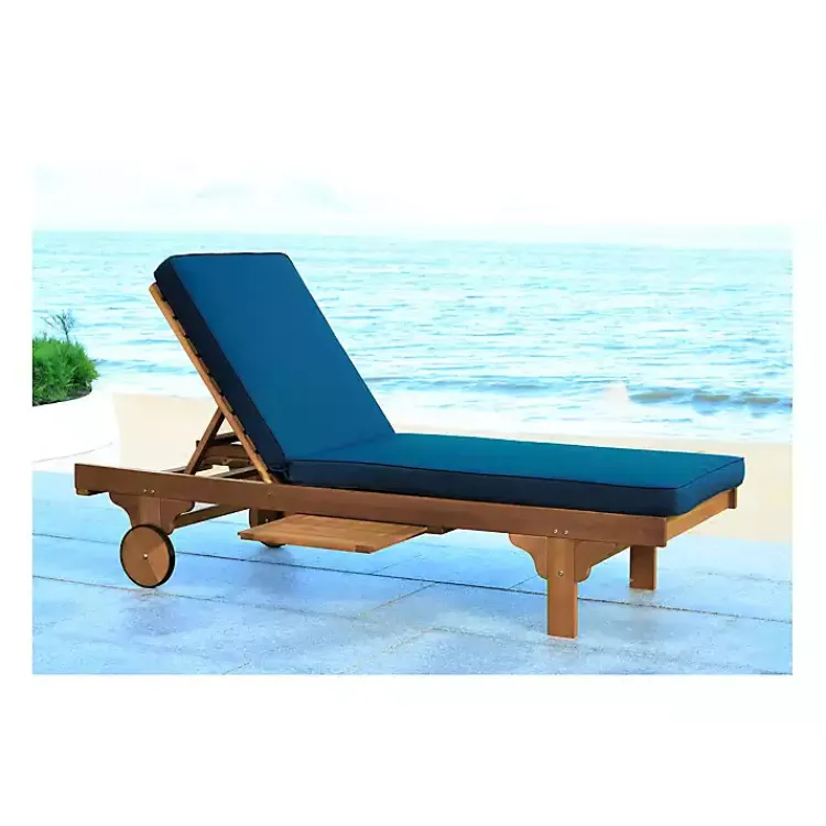 Kirklands Home Outdoor Seating|Natural Wooden Chaise with Table and Navy Cushion Blue