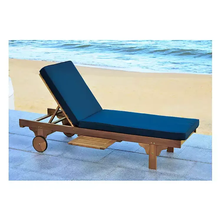 Kirklands Home Outdoor Seating|Natural Wooden Chaise with Table and Navy Cushion Blue