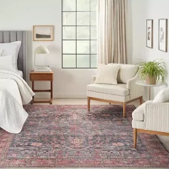 Kirklands Home Area Rugs|Navy & Brick Botanical Washable Area Rug, 5x7