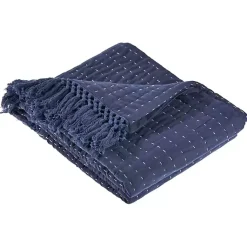 Clearance Navy and Cream Stitch Fringe Throw Blankets & Throws