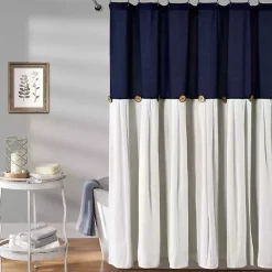Kirklands Home Shower Curtains|Navy and White Button Accent Linen Shower Curtain Blue