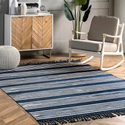 Kirklands Home Area Rugs|Navy Blue Striped Tassel Cotton Area Rug, 8x10