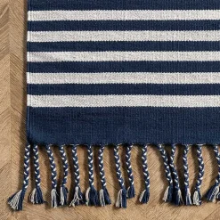 Kirklands Home Area Rugs|Navy Blue Striped Tassel Cotton Area Rug, 8x10
