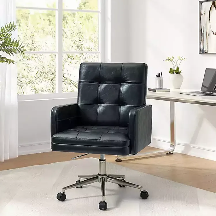 Kirklands Home Office Furniture|Navy Tufted Faux Leather Swivel Office Chair Blue