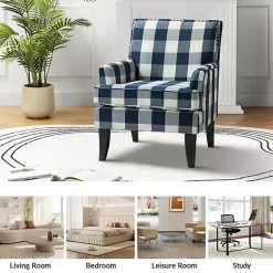 Kirklands Home Accent Chairs|Navy Buffalo Check Upholstered Armchair Blue