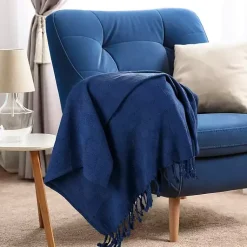 New Navy Checkered Weave Fringe Throw Blankets & Throws