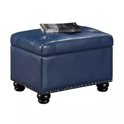 Kirklands Home Benches & Ottomans|Navy Faux Leather Jessy Storage Ottoman Blue