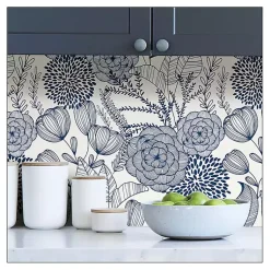 Kirklands Home Wall Murals & Wallpaper|Navy Floral Garden Peel & Stick Wallpaper Blue