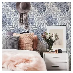 Kirklands Home Wall Murals & Wallpaper|Navy Floral Garden Peel & Stick Wallpaper Blue
