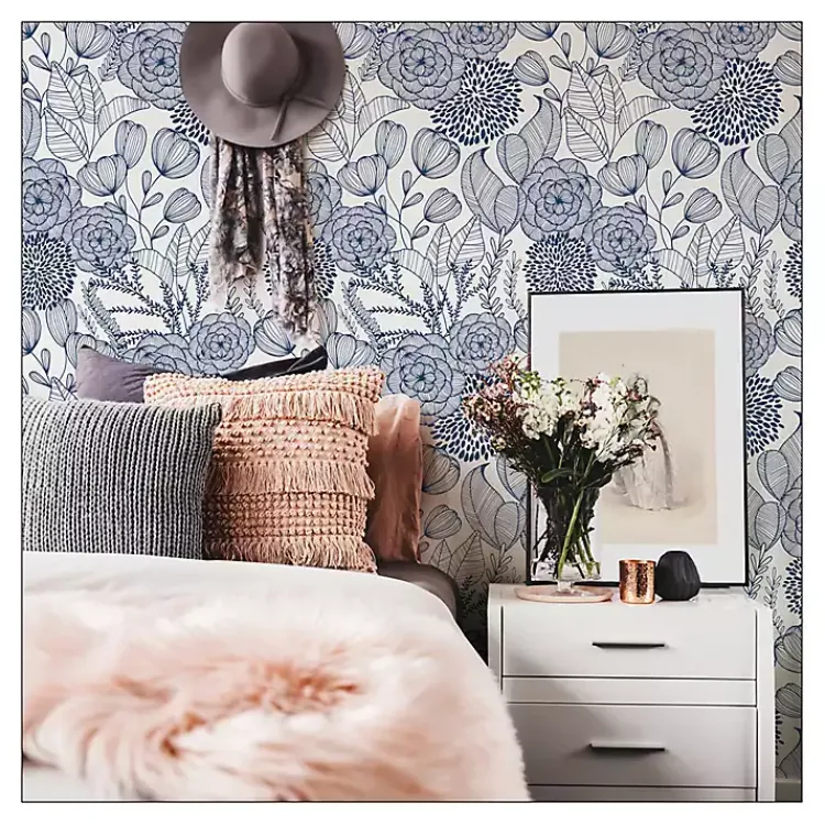 Kirklands Home Wall Murals & Wallpaper|Navy Floral Garden Peel & Stick Wallpaper Blue