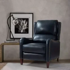 Kirklands Home Accent Chairs|Navy Leather Nailhead Traditional Recliner Blue
