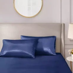 Kirklands Home Bed Sheets|Navy Satin King 2-pc. Pillow Case Set Blue