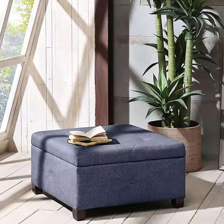 Kirklands Home Benches & Ottomans|Navy Tufted Square Storage Ottoman Blue