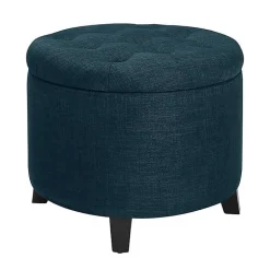 Kirklands Home Benches & Ottomans|Navy Upholstered Eliza Round Storage Ottoman Blue