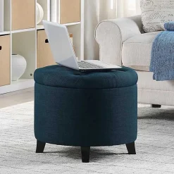 Kirklands Home Benches & Ottomans|Navy Upholstered Eliza Round Storage Ottoman Blue