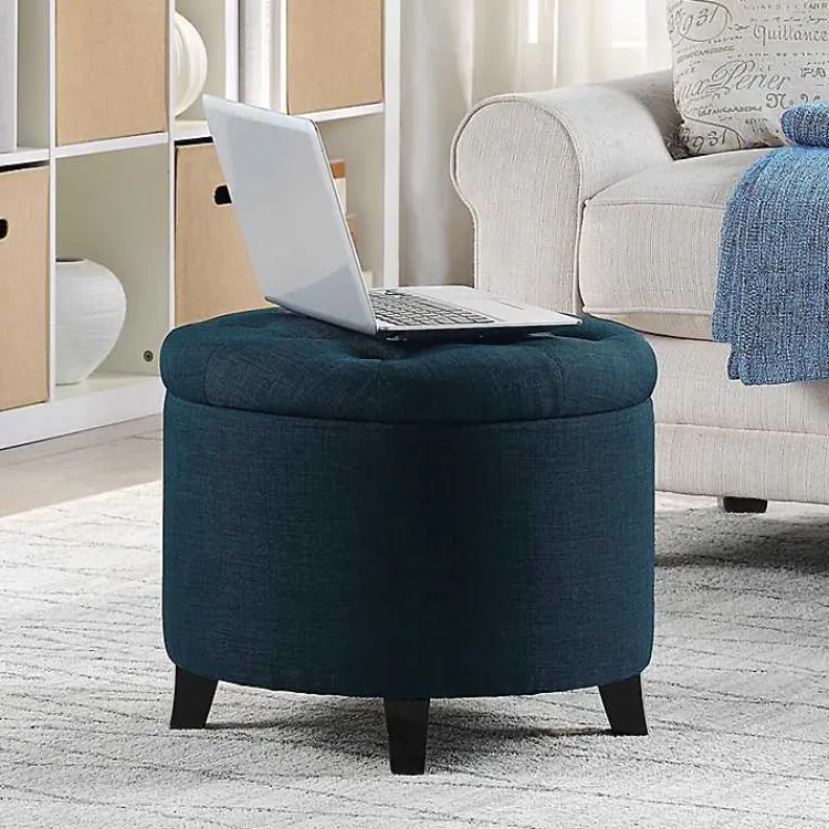 Kirklands Home Benches & Ottomans|Navy Upholstered Eliza Round Storage Ottoman Blue