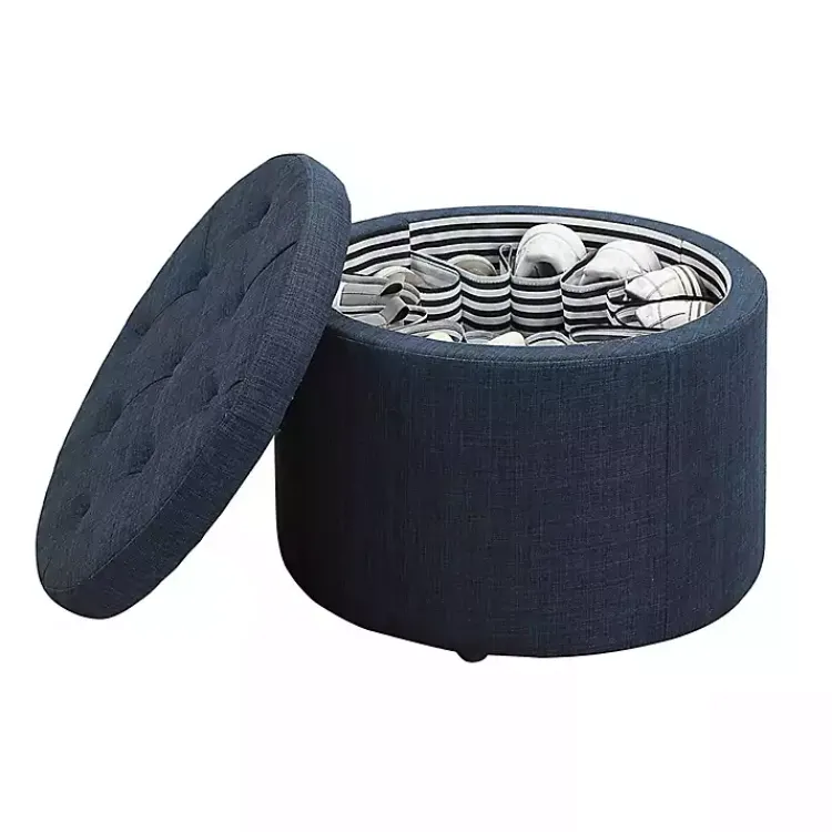 Kirklands Home Benches & Ottomans|Navy Upholstered Round Shoe Storage Ottoman Blue