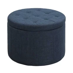 Kirklands Home Benches & Ottomans|Navy Upholstered Round Shoe Storage Ottoman Blue