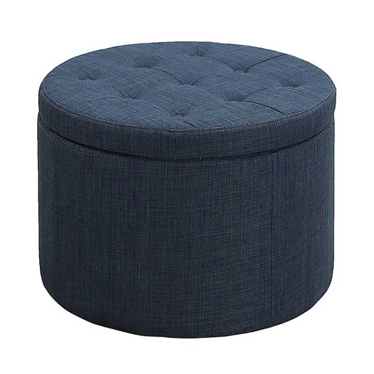 Kirklands Home Benches & Ottomans|Navy Upholstered Round Shoe Storage Ottoman Blue