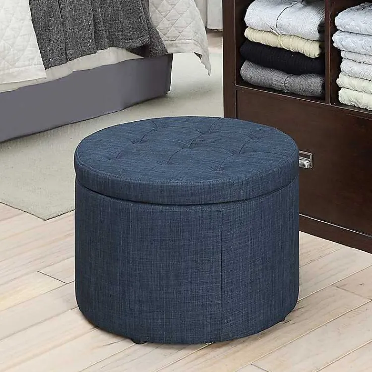 Kirklands Home Benches & Ottomans|Navy Upholstered Round Shoe Storage Ottoman Blue