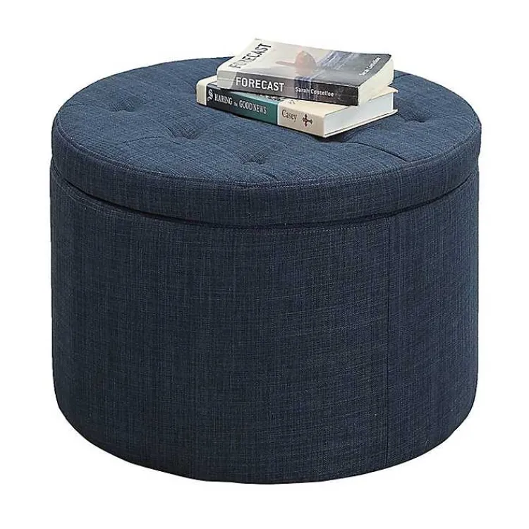 Kirklands Home Benches & Ottomans|Navy Upholstered Round Shoe Storage Ottoman Blue