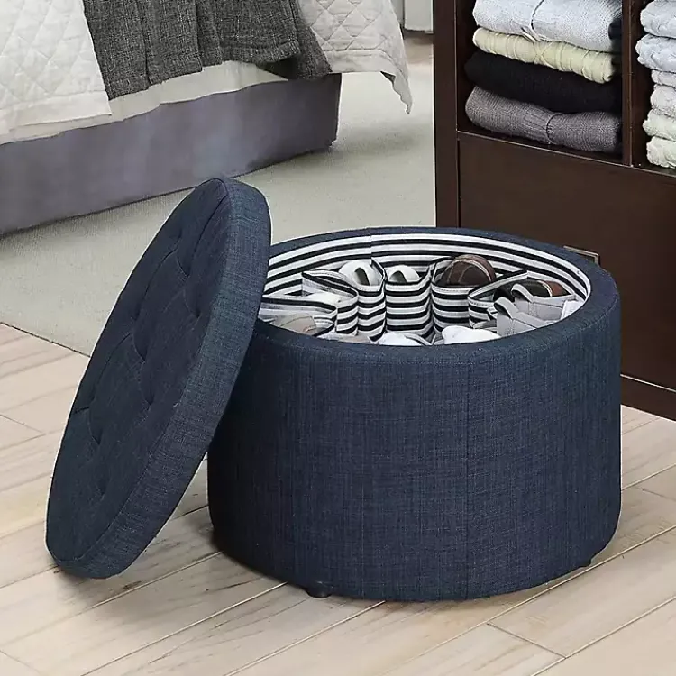 Kirklands Home Benches & Ottomans|Navy Upholstered Round Shoe Storage Ottoman Blue