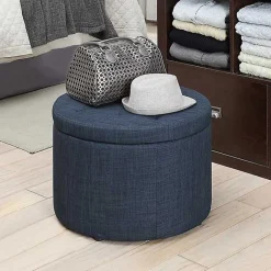 Kirklands Home Benches & Ottomans|Navy Upholstered Round Shoe Storage Ottoman Blue