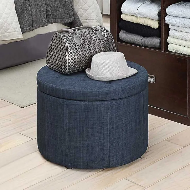 Kirklands Home Benches & Ottomans|Navy Upholstered Round Shoe Storage Ottoman Blue