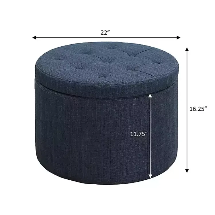 Kirklands Home Benches & Ottomans|Navy Upholstered Round Shoe Storage Ottoman Blue