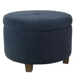 Kirklands Home Benches & Ottomans|Navy Velvet Upholstered Round Storage Ottoman Blue