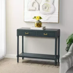 Kirklands Home Console Tables|Navy Wood 2-Drawer Layla Console Table Blue