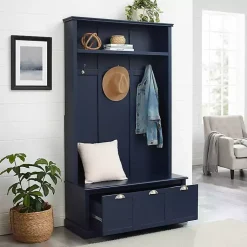 Kirklands Home Entryway Furniture|Navy Wood Storage Bench Hall Tree Blue