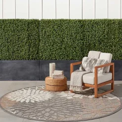 Kirklands Home Outdoor Rugs|Neutral Floral Burst Outdoor Round Area Rug, 7 ft.