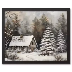 Outlet Neutral Winter Log Cabin Framed Canvas Art Print Christmas Art & Wall Decor