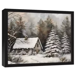 Outlet Neutral Winter Log Cabin Framed Canvas Art Print Christmas Art & Wall Decor