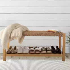 Kirklands Home Entryway Furniture|Newport Natural Wood and Rattan Bench with Shelf Brown