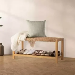 Kirklands Home Entryway Furniture|Newport Natural Wood and Rattan Bench with Shelf Brown