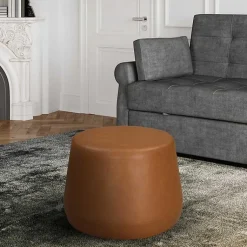 Kirklands Home Benches & Ottomans|Newton Carmel Faux Leather Thimble Ottoman Brown