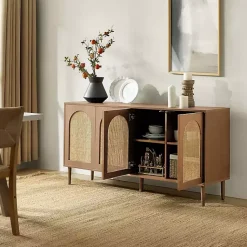 Kirklands Home Cabinets & Sideboards|Oak and Natural Rattan 4-Door Sideboard Brown