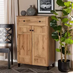 Kirklands Home Entryway Furniture|Oak 2-Door Grid Shoe Storage Cabinet Tan
