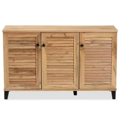 Kirklands Home Entryway Furniture|Oak 3-Door Slatted Shoe Storage Cabinet Brown
