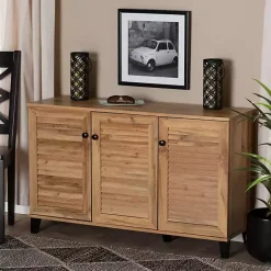 Kirklands Home Entryway Furniture|Oak 3-Door Slatted Shoe Storage Cabinet Brown