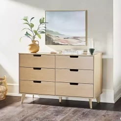 Kirklands Home Dressers & Chests|Oak Wood Simple Grooved Handle 6-Drawer Dresser Tan