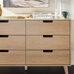 Kirklands Home Dressers & Chests|Oak Wood Simple Grooved Handle 6-Drawer Dresser Tan