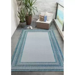 Kirklands Home Outdoor Rugs|Ocean Blue Threaded Frame Outdoor Area Rug, 4x7
