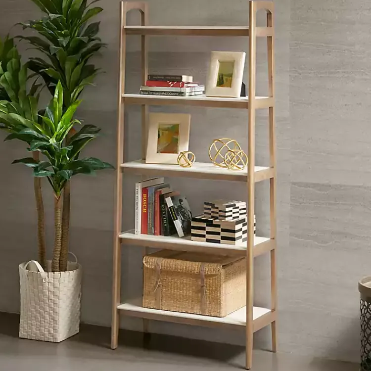 Kirklands Home Bookshelves|Off White Wood Shelves with Natural Frame Bookcase