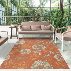 Kirklands Home Outdoor Rugs|Orange & Green Floral Reversible Outdoor Rug, 5x7