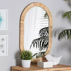 Kirklands Home Decorative Mirrors|Oval Mahogany and Rattan Wall Mirror