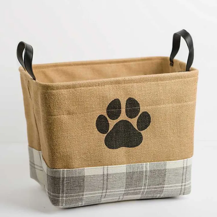 New Paw Print Gray Plaid Leather Handle Jute Bin Baskets & Boxes