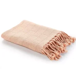 Online Peach Checkered Weave Fringe Throw Blankets & Throws